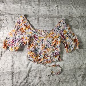 H&M Floral Tie Front Puff Sleeve Viscose Ruched Crop Top Blouse Size XS